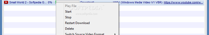 Showing the aTube Catcher context menu in the downloading list